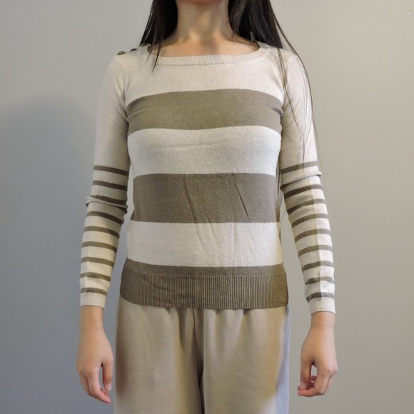 Wilfred Free Cotton Wool Sweater w/ Olive Green Stripes & Shoulder Buttons - Picture 4 of 13
